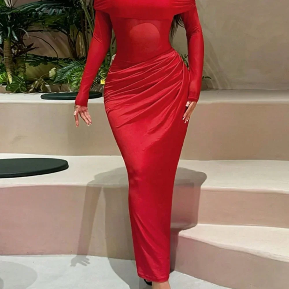 Red Elegant Women's Off-Shoulder Long Mesh Hollow-Out Bodycon Dress - Picture 4 of 7